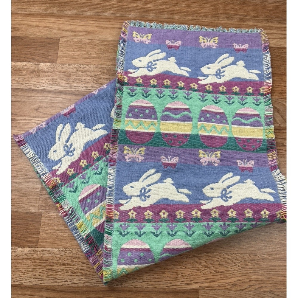 Vintage Easter Table Runner Easterโ Eggs, Rabbits, Bunnies, Fringe Edging